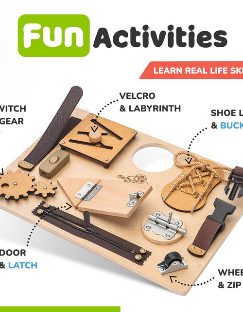 Load image into Gallery viewer, Sensory Busy Board for Toddlers, Premium Wooden Toddler Busy Board for 1 2 3 Year Old with 10 Educational Activities for Fine Motor Skills, Fidget Activity Toy for Travel
