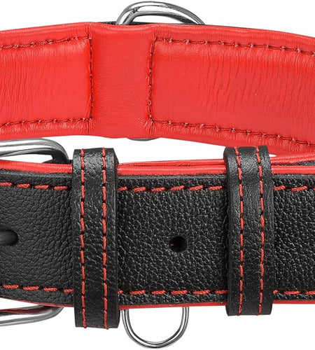 Riparo Genuine Leather Padded Dog Heavy Duty K-9 Adjustable Collar (M: 1” Wide for 14.5” - 17.5” Neck, Black/Red Thread)