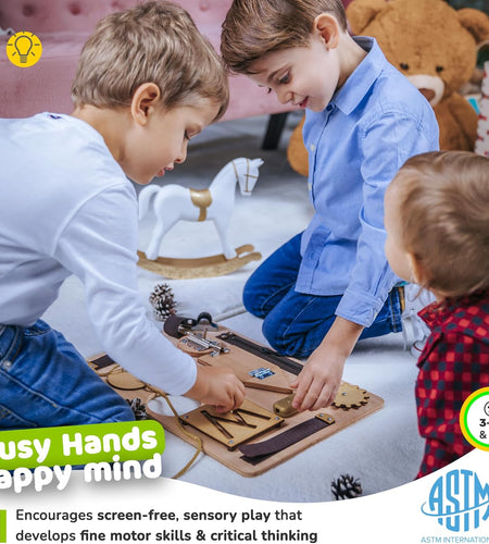 Sensory Busy Board for Toddlers, Premium Wooden Toddler Busy Board for 1 2 3 Year Old with 10 Educational Activities for Fine Motor Skills, Fidget Activity Toy for Travel