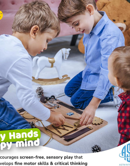 Load image into Gallery viewer, Sensory Busy Board for Toddlers, Premium Wooden Toddler Busy Board for 1 2 3 Year Old with 10 Educational Activities for Fine Motor Skills, Fidget Activity Toy for Travel
