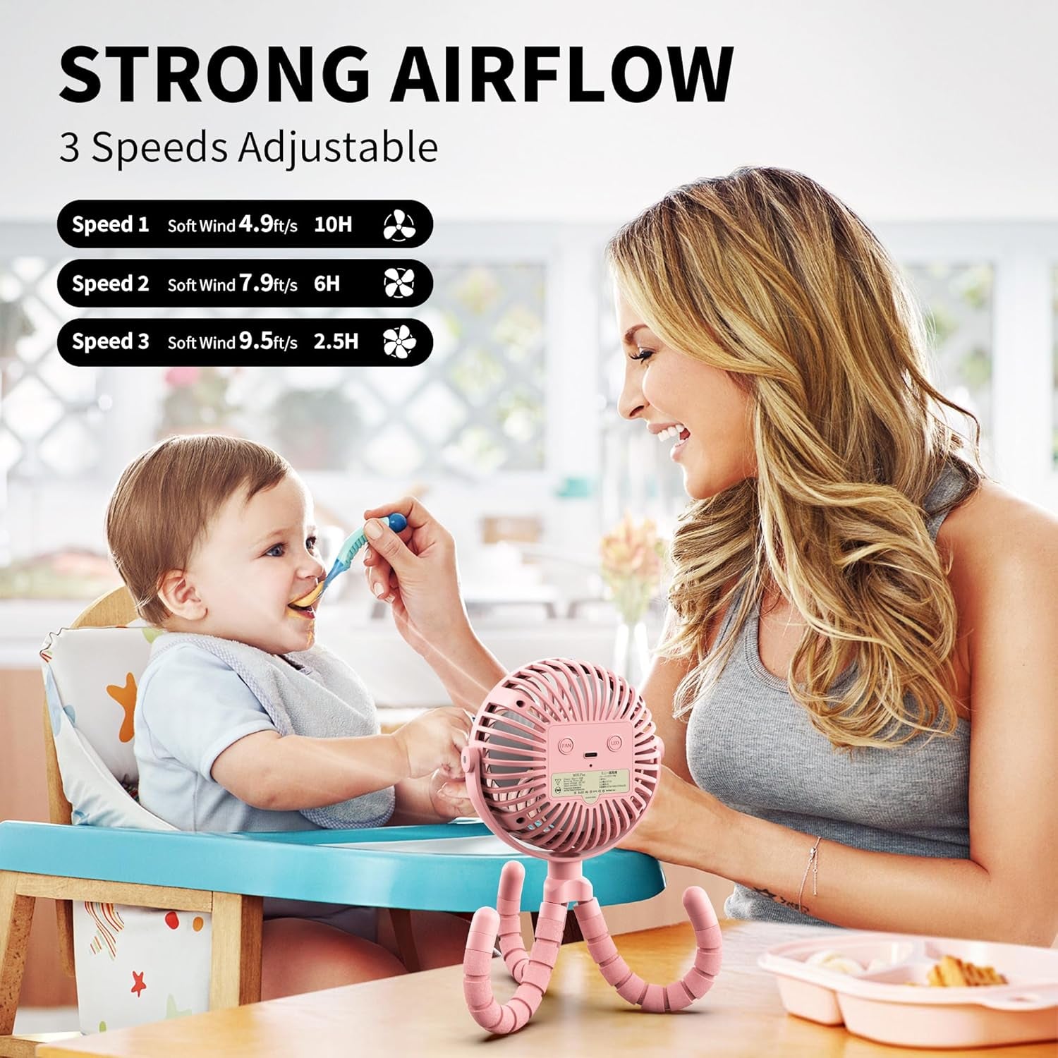 Battery Operated Stroller Fan Flexible Tripod Clip on Fan with 3 Speeds and Rotatable Handheld Personal Fan for Car Seat Crib Bike Treadmill (Pink)