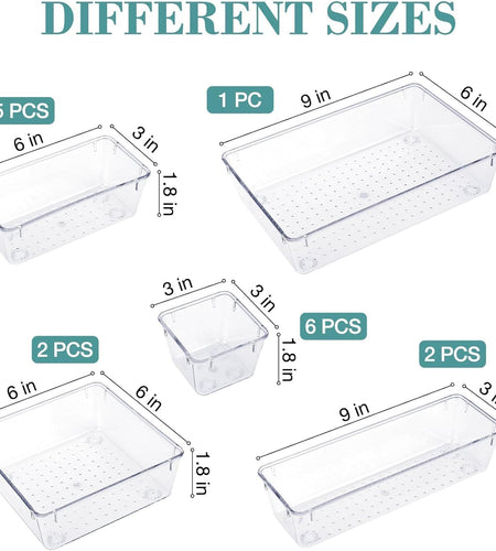 16 PCS Drawer Organizer Set, 5 Varied Size Bathroom and Kitchen Drawer Cabinet Organizer Trays, Clear Storage Bins for Makeup, Jewelry, Utensils and Gadgets