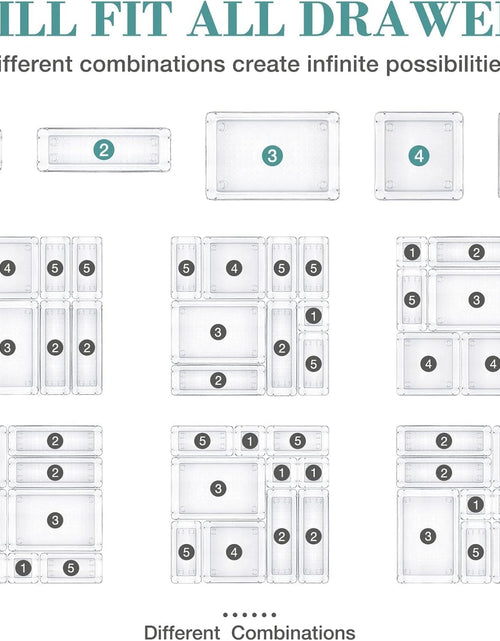 Load image into Gallery viewer, 16 PCS Drawer Organizer Set, 5 Varied Size Bathroom and Kitchen Drawer Cabinet Organizer Trays, Clear Storage Bins for Makeup, Jewelry, Utensils and Gadgets
