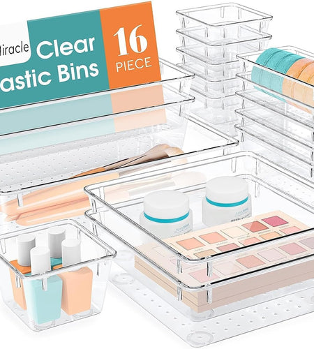 16 PCS Drawer Organizer Set, 5 Varied Size Bathroom and Kitchen Drawer Cabinet Organizer Trays, Clear Storage Bins for Makeup, Jewelry, Utensils and Gadgets
