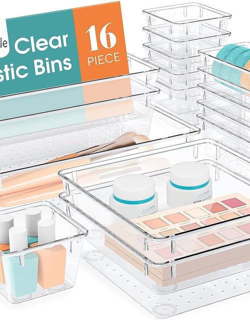 Load image into Gallery viewer, 16 PCS Drawer Organizer Set, 5 Varied Size Bathroom and Kitchen Drawer Cabinet Organizer Trays, Clear Storage Bins for Makeup, Jewelry, Utensils and Gadgets
