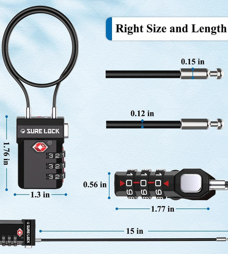 TSA Approved Luggage Locks – 3-Digit Combination Cable Lock with Red Indicator, Large Dial & Easy-Press Button for Suitcases and Backpacks – Multi-Pack & Color Options